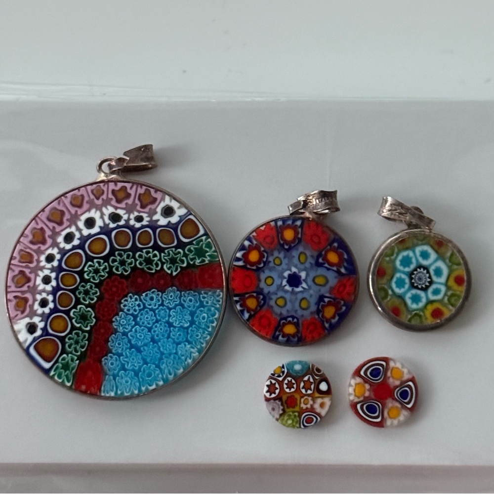 Authentic Venetian Glass Small Green and Blue Pendant with Floral Design